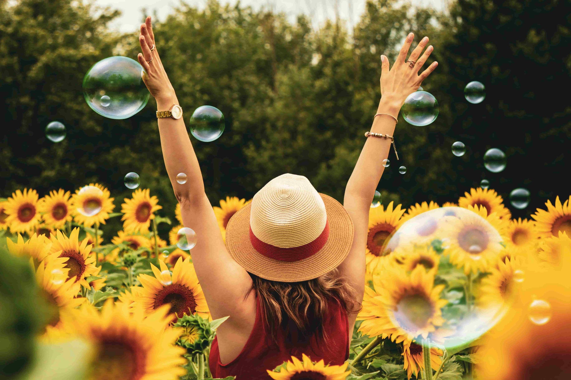 A woman with her hands up in joy standing in a field of sunflowers with large bubbles floating around her